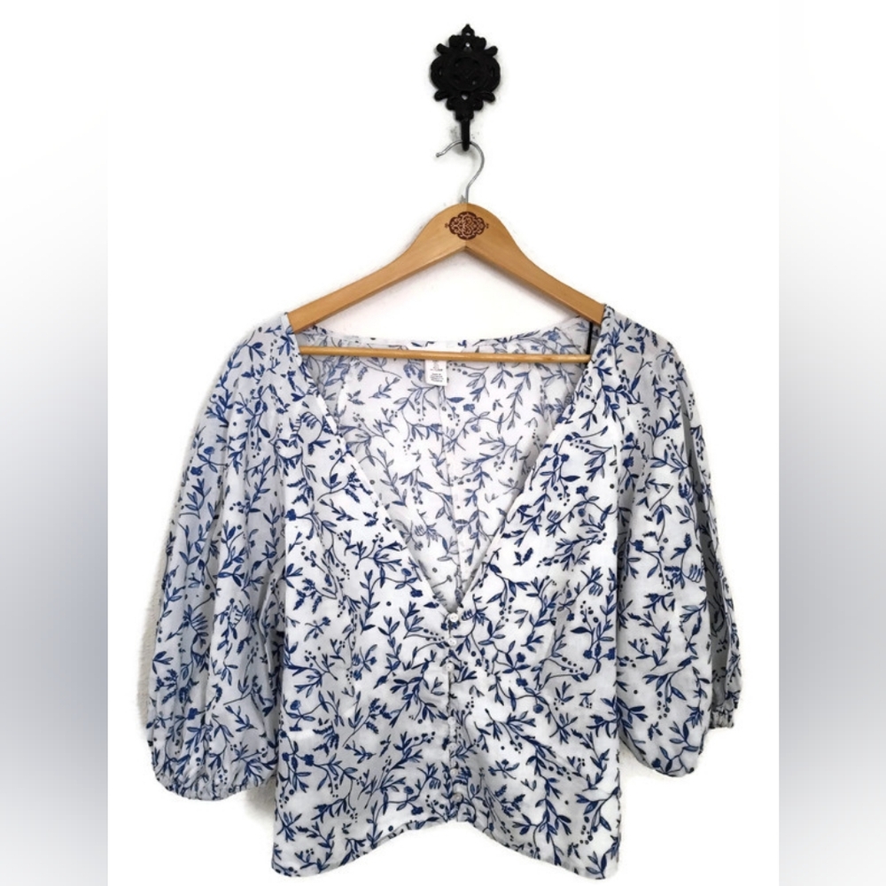 Linen Blend Top Pouf Sleeves Garden Girl Cottage core Size Large